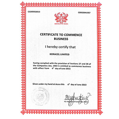 Certificate to Commence Business